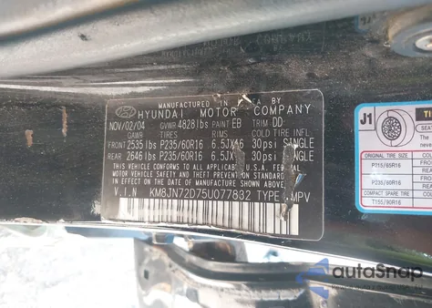 2005 Hyundai Tucson Gls/Lx из США, поврежденный, VIN KM8JN72D75U077832